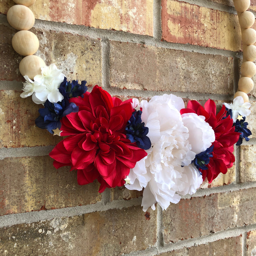 Red, White and Blue Wood Bead Wreath up close