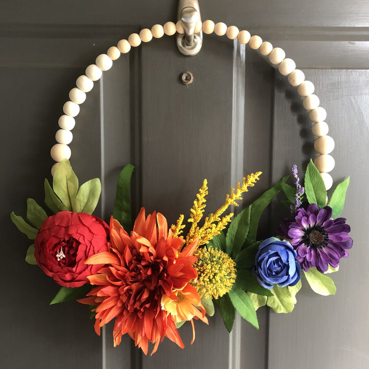Rainbow flower wood bead wreath craft kit